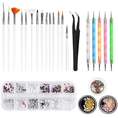 Nail Art Kit, WOVTE 15 Gel Acrylic Painting Brushes, 5 Dotting Pens, 12 Grids Nail Art Rhinestones, 2 Pack Colorful Diamonds Crystals Beads Gems Nail Art Decorations and 1 Tweezers for Nail Art DIY