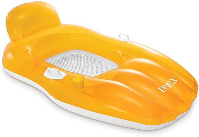 Chill ‘n Float Inflatable Pool Lounger 64" X 41" - Pool Floats with Headrest, Handles, and Build-in Cup Holder - Pool Rafts for Adults (Color May Vary, Yellow/Orange) Bundled with SEWANTA Duckie