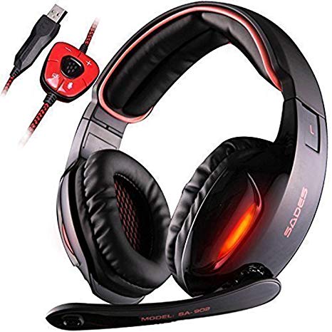 PC Gaming Headsets ,SADES SA902 USB Gaming Headphone 7.1 Virtual Sound Over-ear Headphone with Microphone In-line Volume Control LED Light (Red）