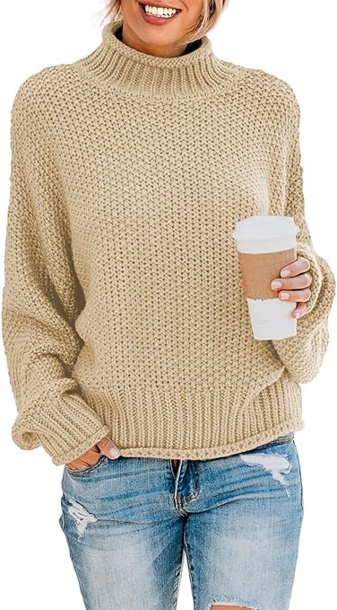 Dokotoo Womens 2023 Winter Fall Solid Turtleneck High Neck Balloon Long Sleeve Sweaters Pullover Outerwear