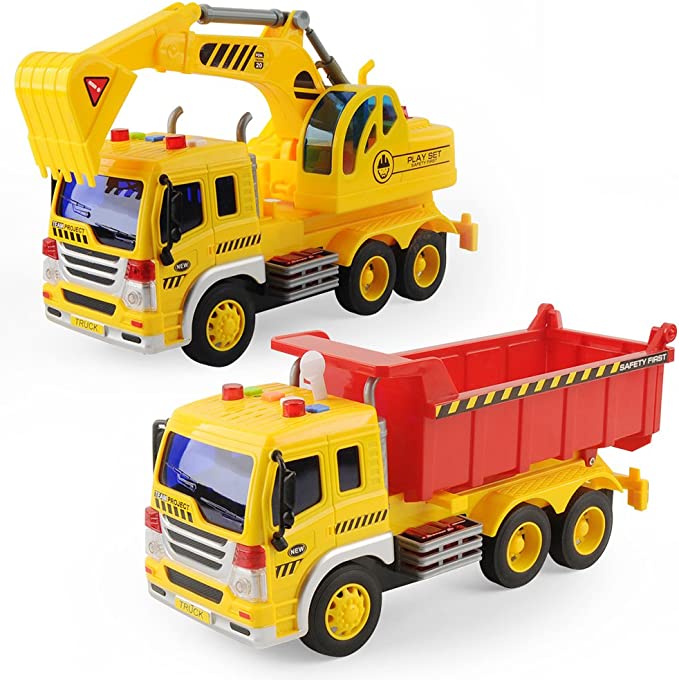 Gizmovine Dump Truck Toys Excavator Set Truck Toys for 3-5 Year Old Boys, 2 Pack Friction Powered Construction Toys with Light & Sound, Toddler Boys Toys Car for Kids Aged 4-7 Birthday Xmas Gifts