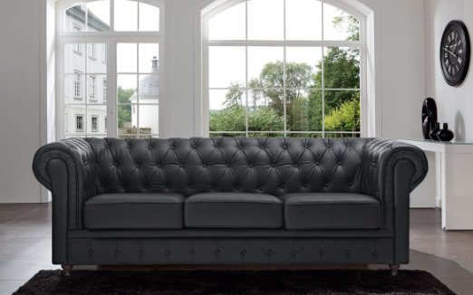 Classic Scroll Arm Tufted Button Bonded Leather Chesterfield Style Sofa (Black and White, Sofas) (Black)
