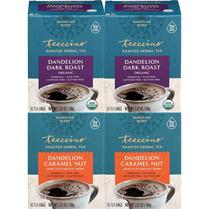 Teeccino Dandelion Tea Variety Pack - Dark Roast & Caramel Nut - Roasted Herbal Tea, Organic Dandelion Root, Prebiotic, Caffeine Free, Gluten Free, Acid Free, 10 Tea Bags (Pack of 4)
