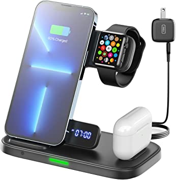 INIU 3 in 1 Wireless Charging Station, 15W Fast Wireless Charger Stand Dock with Adaptive Light, Suitable for Apple Watch Series 7 6 SE 5 4, iPhone 14 13 12 11 Pro Max, Samsung, AirPods (with Adapter)