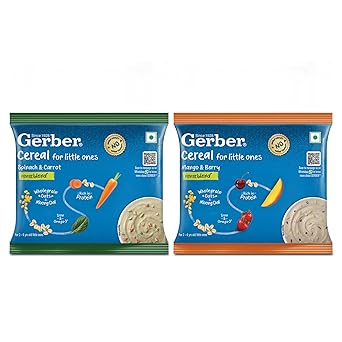 GERBER Cereals - Mango & Berry and Spinach & Carrot | Instant Cereal for Kids | 2-6 years of age | No added colours or flavours | Rich in Protein | With Iron & Omega-3 | Easy Travel Trial Pack Combo | 2 x 50 g