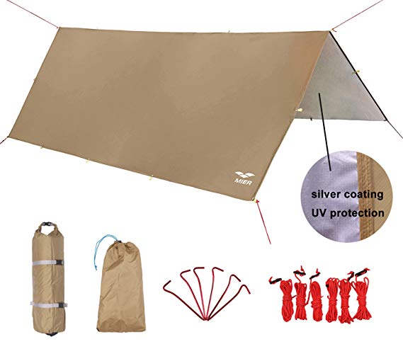 MIER Waterproof Hammock Rain Fly Lightweight Tent Tarp Camping Backpacking Tarp Shelter, 6 Stakes and Ropes Included