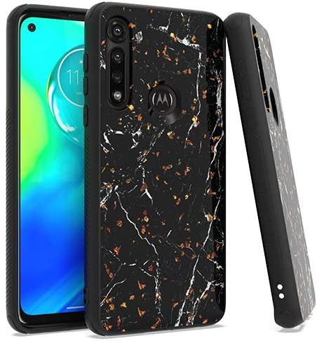 PT Tempered Glass   Flake Marble Protective Case Phone Cover for Motorola Moto G Power XT2041DL   Gift Stand (Black)