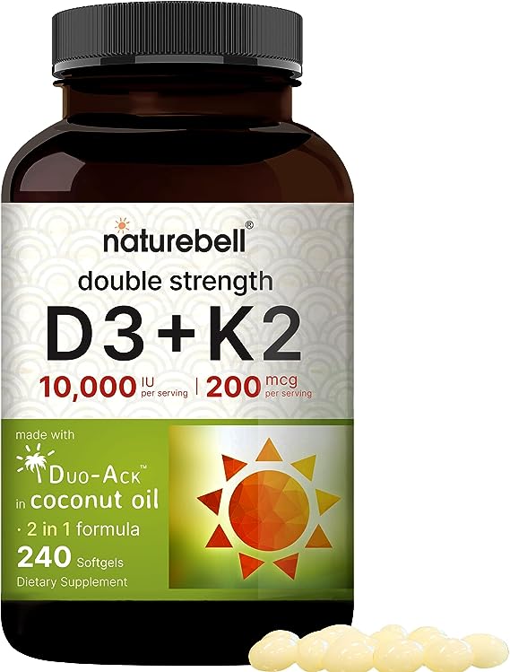 Vitamin D3 K2 (10,000 IU Vitamin D   200mcg Vitamin K MK-7) 240 Softgels with Coconut Oil for Complete Absorption | Bone, Heart, Immune, & Calcium Support | One a Day, Non-GMO