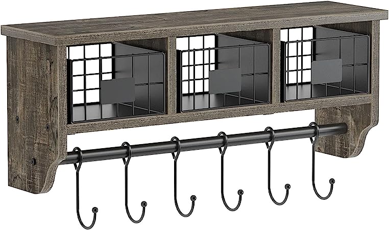 Rolanstar Wall Mounted Shelf with Hooks, Entryway Organizer Shelf with Storage Cabinets, Wall Mount Coat Rack with 6 Hooks, 24” Hanging Coffee Bar Shelf for Living Room Bathroom Kitchen (Grey)