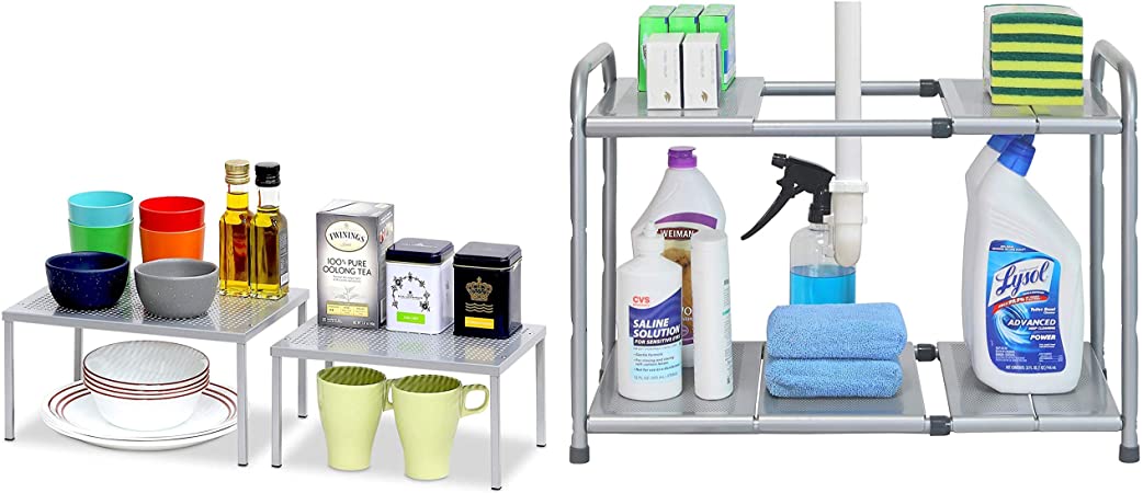 SimpleHouseware Expandable Stackable Kitchen Cabinet Organizer   Under Sink 2 Tier Expandable Shelf