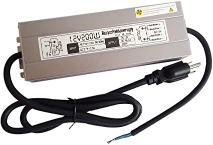 lenoup 200w Waterproof Led Light Strip Power Supply Transformer,110-130v AC to 12v DC Output 16.7a Led Power Supply Adapter with 3 Prong Plug 3 feet Cable for Outdoor Use