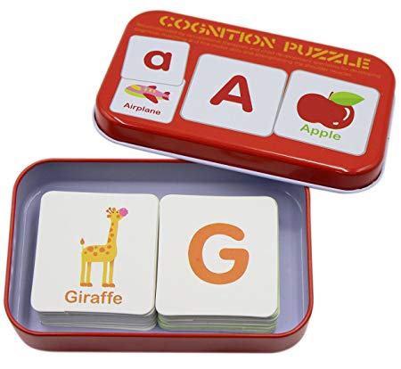 KINGSEVEN Anti-Tear Flash Cards Learning Alphabet Puzzle Cards, Matching Puzzle Cognitive Early Educational Learning Toys with Mental Storage Box
