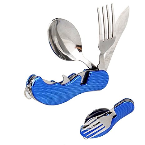 Camping Utensil 3-in-1 Multi-function Stainless Steel Pocket Fork Spoon Knife Foldable Eating Utensil Kits Brilliant for Survival (Blue)
