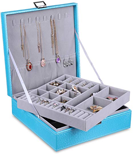misaya Women Jewelry Box Organizer 2 Layer Large Lockable Display Jewelry Holder for Earring Ring Necklace, Turquoise Blue
