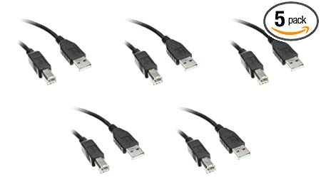 USB 2.0 Printer/Device Cable, Black, Type A Male to Type B Male, 6 foot - 5 Pack