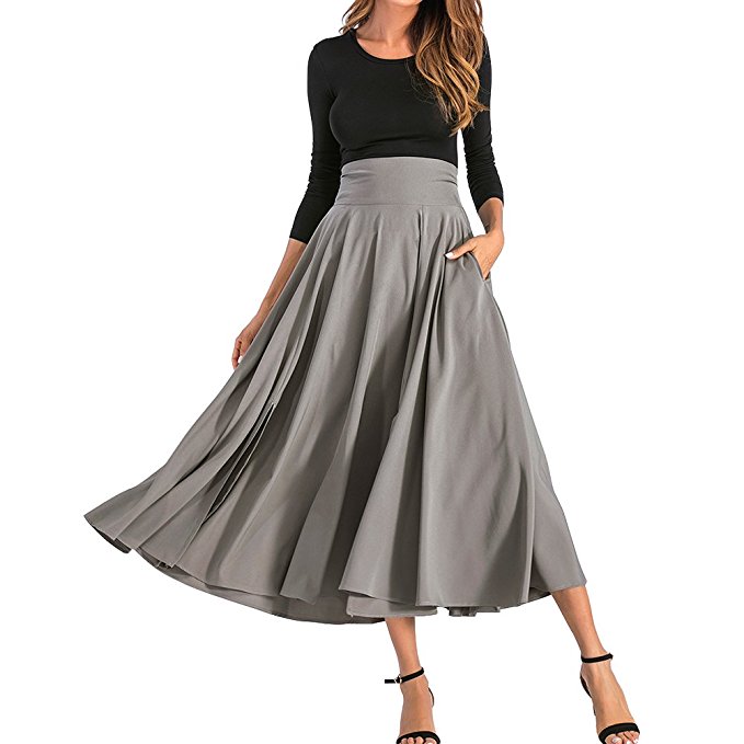 BFUSTYLE Women's All Seasons High Waist Swing Pleated A Line Full Length Front Slit Belted Maxi Long Skirt