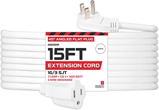 15 Ft Extension Cord with 45° Angled Flat Plug - 16/3 SJT Low Profile Durable White Indoor Cable