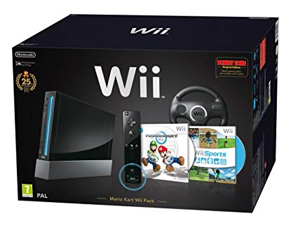 Nintendo Wii Console (Black) with Wii Sports   Mario Kart and Black Wii Wheel   Motion Plus Controller (Wii)