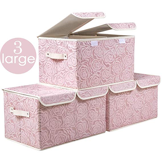 Prandom Large Stackable Storage Bins with Lids [3-Pack] Fabric Decorative Storage Box Cubes Organizer Containers Baskets with Cover Handles Divider for Bedroom Closet Living Room Pink(17.3x11.8x9.8)