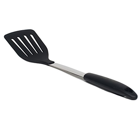 CuliChef Silicone & Stainless Steel Spatula - Black Slotted Spatula Turner - High Quality Non Stick Heat Resistant Kitchen Tool