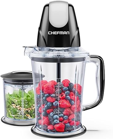 CHEFMAN 2-in-1 Food Processor and Portable Blender with 400W Motor, 2-Tiered Blade System, Ice Crusher - Ideal for Smoothies, Purees, Chopped Vegetables and More - Large and Small Jars, Pulse Function