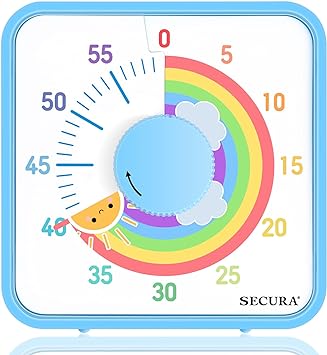 Secura 60-Minute Visual Timer for Kids, 7.5 Inch Magnetic Rainbow Countdown Timer for Classroom or Kitchen, Durable Mechanical Timer Clock with Magnetic Backing (Blue & Sun)