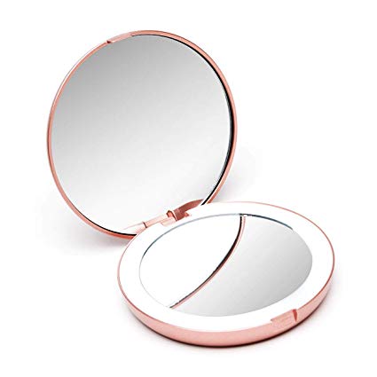 Fancii Compact Makeup Mirror with Natural LED Lights, 1x and 10x Magnification - Daylight LED, Portable Pocket Illuminated Mirror for Handbags and Travel (Lumi Mini) (Rose Gold)