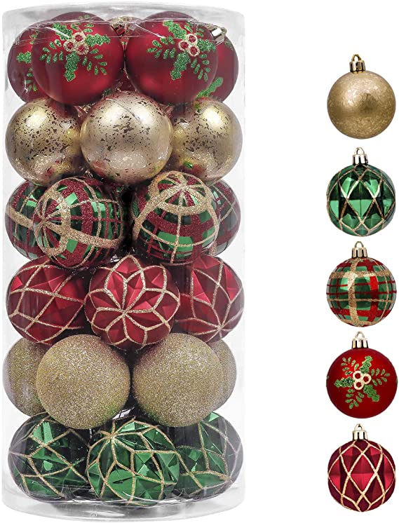 Valery Madelyn 30ct 60mm Traditional Red Green Gold Christmas Ball Ornaments, Shatterproof Christmas Tree Ornaments for Xmas Decoration