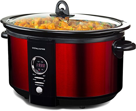 Andrew James 6.5 Litre Premium Digital Red Slow Cooker with Tempered Glass Lid, Removable Ceramic Inner Bowl And Three Temperature Settings, Includes 2 Year Manufacturer's Warranty