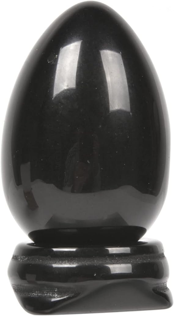 Justinstones Natural Black Obsidian Gemstone Egg Crystal Healing Chakra Meditation Home Office Decor Stone with Stone Stand