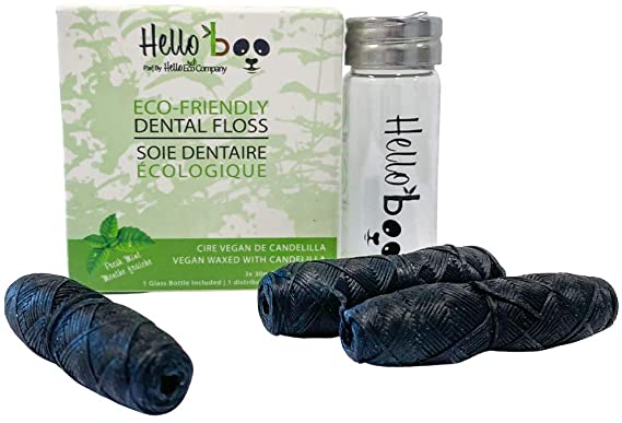Hello Boo Bamboo Charcoal Dental Floss | Vegan Candelilla Waxed | Healthier and Cleaner Teeth with Our Zero Waste Dental Floss | Travel Size 3x30m of Refills 1 Glass Bottle