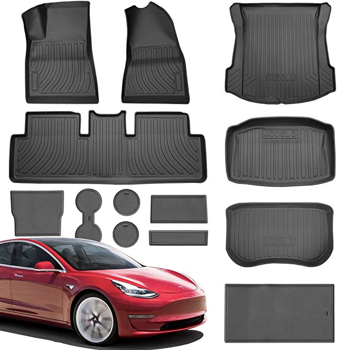 Tesla Model 3 COMPLETE SET Floor Mats Liners plus Frunk, Trunk, Cup Holder, Center Console and more in Black for Models All-Weather 4D Multi-Layer Chain Rolled Non Slip (US Based Seller) All Weather
