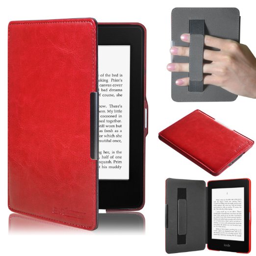 Swees Ultra Slim Leather Case / Cover for New Amazon Kindle Paperwhite / Kindle Paperwhite 3G with Elastic Hand Strap, Magnetic Auto Sleep Wake Function, Includes Screen Protector - Red