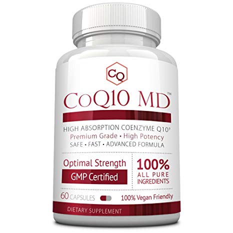 CoQ10 MD- Extra Strength 250mg Pure CoQ10 – Boost Antioxidant Levels, Improve Cardiovascular Health & Cellular Energy – Better Absorption with Bioperine – 60 Vegan Capsules