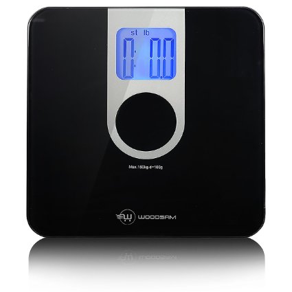 Woodsam Digital Body Weight Bathroom Scale  Tempered Glass 330lb Capacity Black
