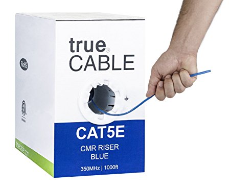 Cat5e Riser (CMR), 1000ft, Blue, Solid Bare Copper Bulk Ethernet Cable, 350MHz, ETL Listed, 24AWG 4 Pair, Unshielded Twisted Pair (UTP), trueCABLE