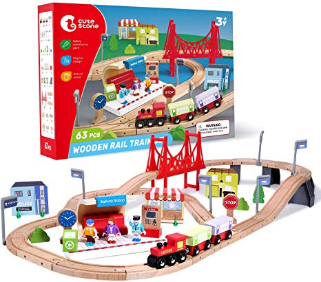 CUTE STONE 63 Pcs Wooden Train Set for Toddlers, Kids Tracks Set with Magnetic Train Cars, Bridge and Buildings, Play Figurines, Fits Thomas Brio Chuggington, Toy Gift for 3  Yeas Old Boys and Girls