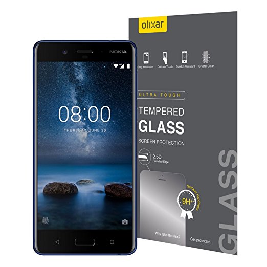 Olixar Nokia 8 Tempered Glass Screen Protector [9H Rated, 95% Light Penetration & 0.26mm Thick] (Application Card and Cleaning Cloth Included)