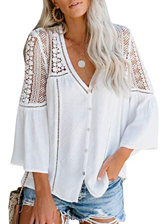 PAPOSON Women Summer Crochet Lace Shirt Flower Embroidery 3/4 Sleeve High Neck Casual Blouse Top