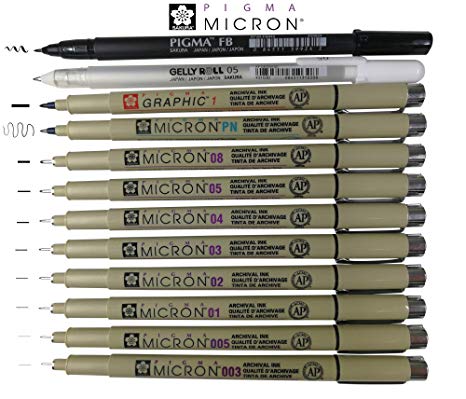 Sakura Pigma Micron fineliner pens 12 piece, Full range drawing set black with professional brush and Gelly roll White
