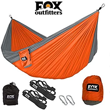 Fox Outfitters Neolite Double Camping Hammock - Lightweight Portable Nylon Parachute Hammock for Backpacking, Travel, Beach, Yard. Hammock Straps & Steel Carabiners Included