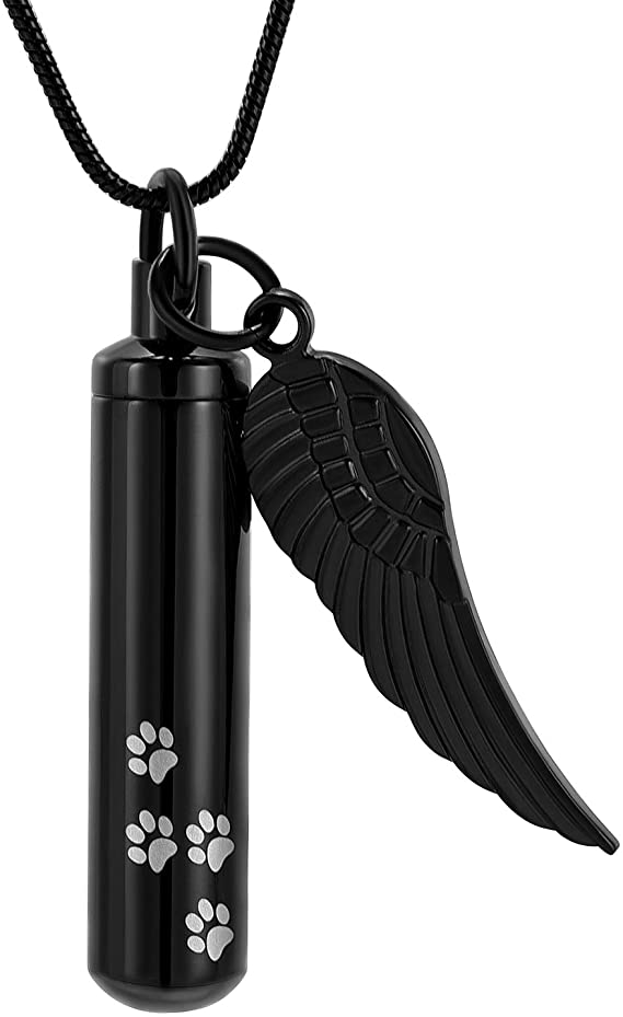 Loss Of Pet Cremation Jewelry For Ashes -Angel Wings With Dog/Cat Paw Print Cylinder Memroial Urn Necklace Keepsake Pendant Jewelry Women Men