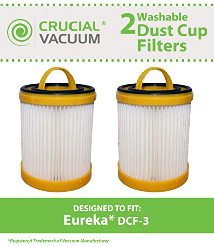 2 Eureka DCF-3 HEPA Filters, Long-Life WASHABLE, REUSABLE, Compare With Eureka Part# 61825, 62136, 62136A, DCF3, Designed & Engineered by Crucial Vacuum