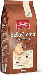 Melitta BellaCrema La Crema Café en grain 1kg, non moulu, café en grain pour machines à café, torréfaction moyenne, torréfié en Allemagne, intensité 3