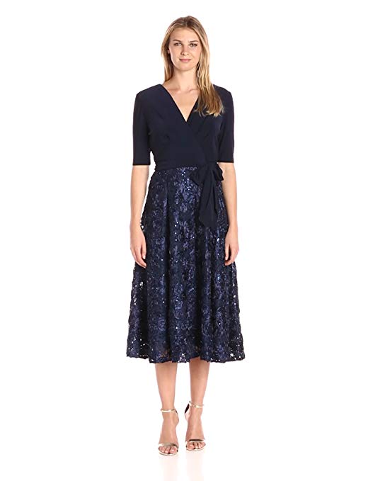 Alex Evenings Women's Tea Length Dress with Rosette Skirt (Petite and Regular Sizes)