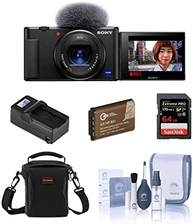 Sony ZV-1 Compact 4K HD Digital Camera, Black Essential Bundle with Bag, 64GB SD Card, Extra Battery, Compact Charger, Cleaning Kit