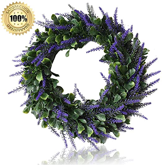 LASPERAL Artificial Lavender Wreath 15" Boxwood Wreath with Lavender Front Door Wreath Green Leaf Wreath with Lavender for Indoor Outdoor Décor