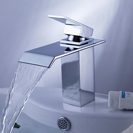 FLG Waterfall Bathroom Sink Basin Faucet Washroom Single Handle Rectangular Vessel Tap,Chrome Finished