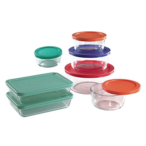 Pyrex 14 Piece Food Storage Containers Glass Round And Rectangle Set With Colored Lids. Use For Storage Food , Baking Dish, And Lunch Box