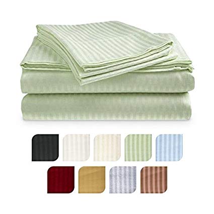 Crystal Trading 4-Piece Bed Sheet Set - Dobby Stripe - 100% Cotton Sateen - 400 Thread Count (Twin, Sage)